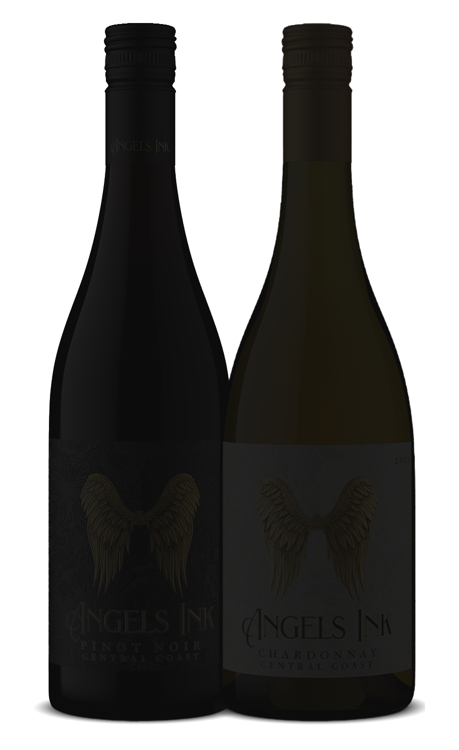 Angels Ink Pinot Noir and Chardonnay bottles with a dark veil